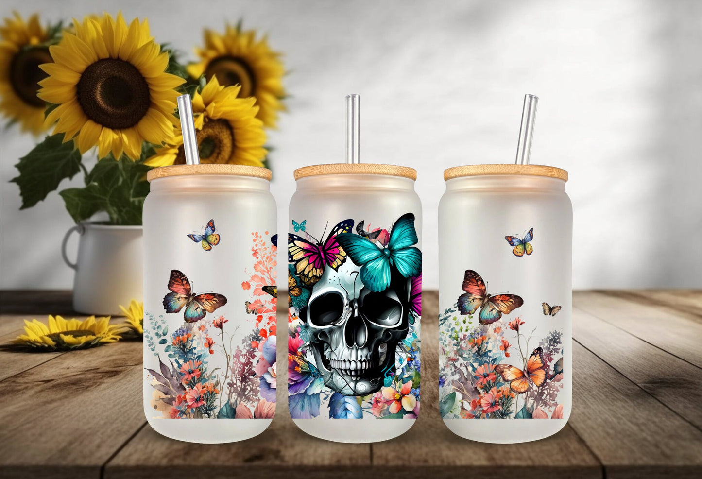 Glass Mug Tumbler Wrap – 16oz Can Skull Floral Butterfly Double Sided Sticker