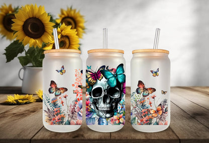Glass Mug Tumbler Wrap – 16oz Can Skull Floral Butterfly Double Sided Sticker