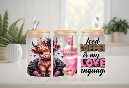 UVDTF Wrap Highland Cow Tutu Iced Coffee Love Language 16oz Can Glass Mug Tumbler Wrap, Ready to apply, Permanent Waterproof Adhesive