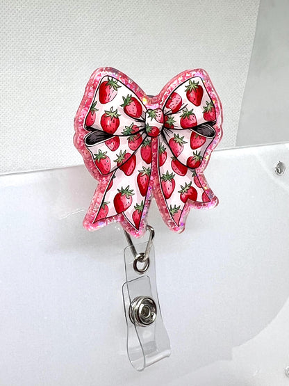 Strawberry Bow Badge Reel – Glittery Pink Design for ID Holders and Cute Accessories