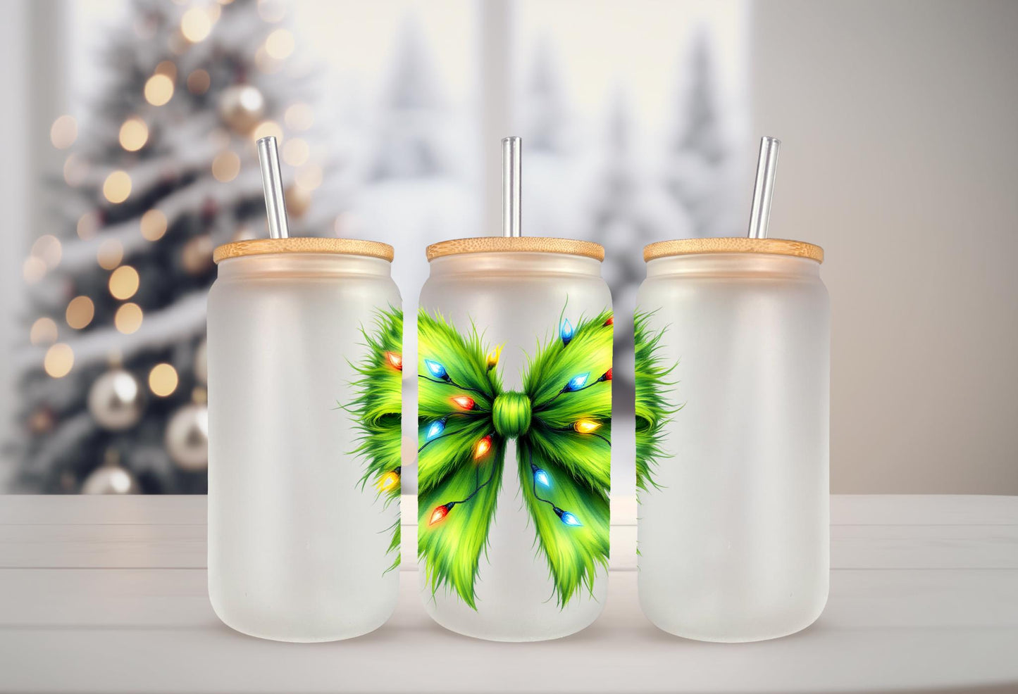 UVDTF Decal Green Guy Coquette Bow Christmas Lights 16oz Can Glass Mug Tumbler, Christmas Decal, Ready to apply, Permanent Adhesive