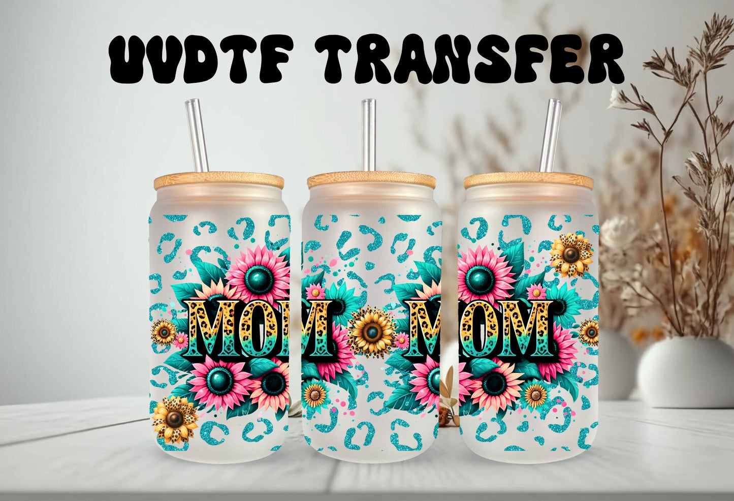 UVDTF Wrap Mom Floral 16oz Can Glass Mug Tumbler, Ready to apply, Permanent Adhesive Waterproof
