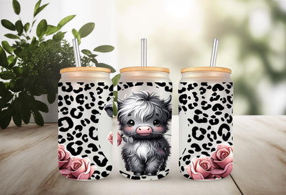 UVDTF Wrap Highland Cow Roses Leopard Print 16oz Can Glass Mug Tumbler Wrap, Geese Wrap, Ready to apply, Permanent Adhesive