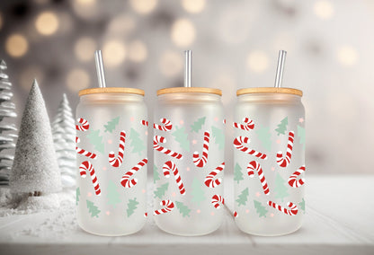 UVDTF Wrap Christmas Candy Canes Trees 16oz Can Glass Mug Tumbler, Ready to apply, Waterproof Permanent Adhesive
