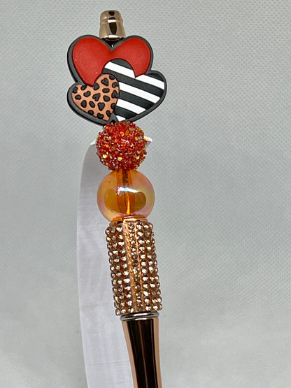 Beaded Pen Valentine Leopard Red Stripe Hearts Bling Metallic Ink Pen, Teacher Gift | Nurse Gift, Gifts for Her, Gift Ideas
