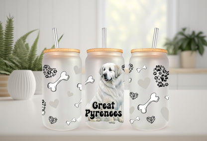 UVDTF Wrap Great Pyrenees 16oz Can Glass Mug Tumbler, Dog Wrap, Ready to apply, Permanent Waterproof Adhesive, Bundle Save Option