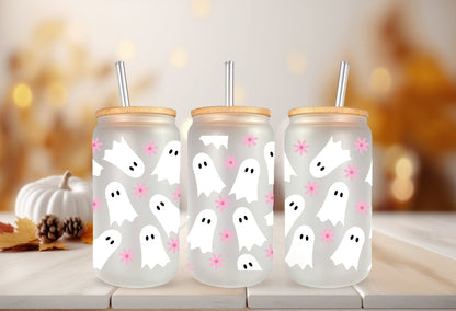 UVDTF Wrap Floral Pink Ghosts 16oz Can Glass, Mug, Tumbler, Halloween Ghost Wrap, Ready to apply, Permanent Adhesive