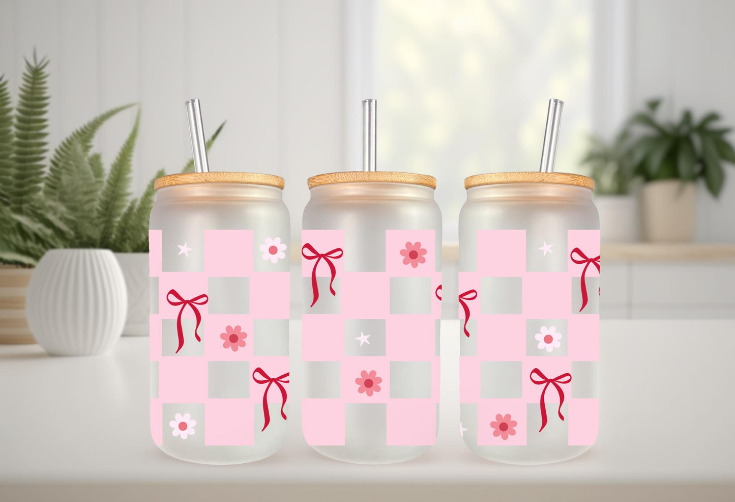 UVDTF Wrap Coquette Bows Checkered Light Pink 16oz Can Glass Wrap Mug Tumbler, Bow Wrap, Ready to Apply, Permanent Waterproof Adhesive