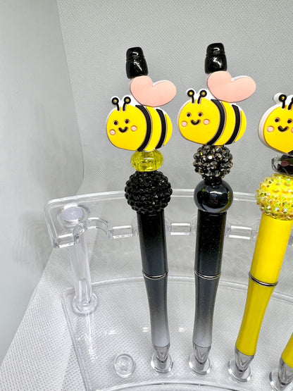 Bee Heart Yellow Black Beaded Pen, Fun Pens Acrylic Beads, Custom Pen, Retractable Ink Pen, Gifts