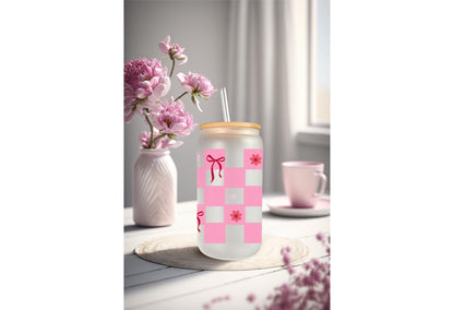 UVDTF Wrap Coquette Bows Checkered Dark Pink 16oz Can Glass Wrap Mug Tumbler, Ready to Apply, Permanent Waterproof Adhesive