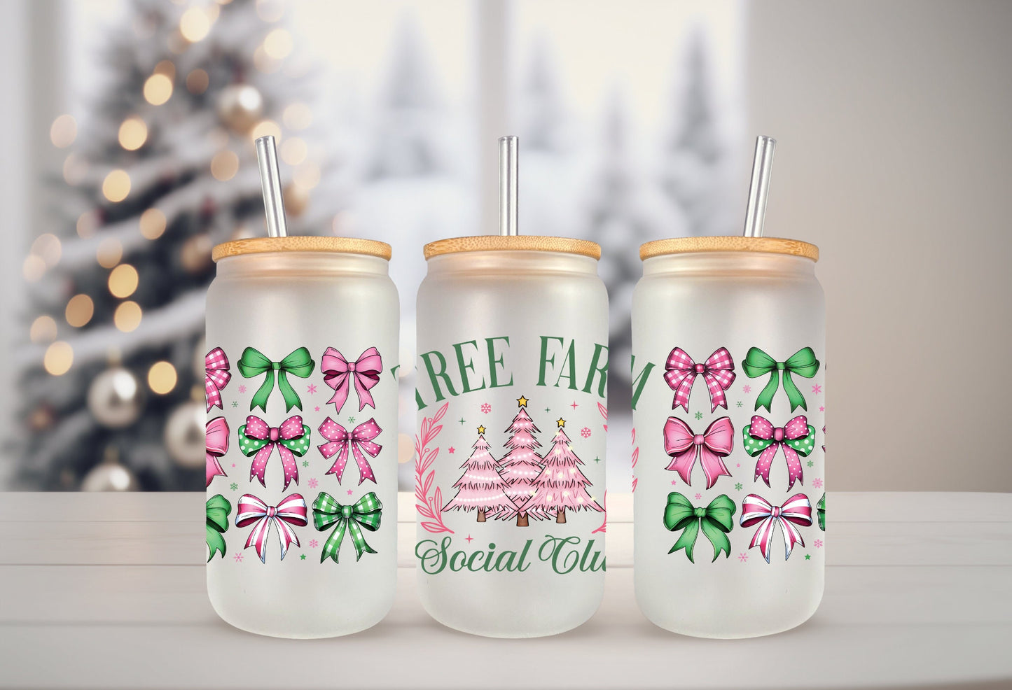 Christmas Tree Wrap – UVDTF Transfer Art with Santa Highland Cow & Coquette Bow Design