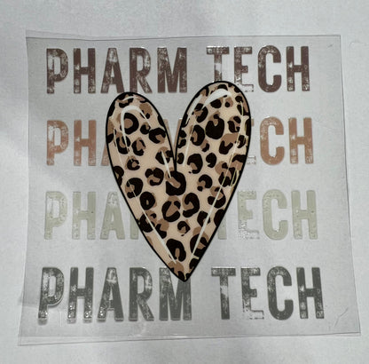 UVDTF Decal Pharm Tech Leopard Heart, 16oz Can Glass, Mug, Tumbler, Shot glass, or Keychain, Ready to Apply, Permanent Adhesive Waterproof