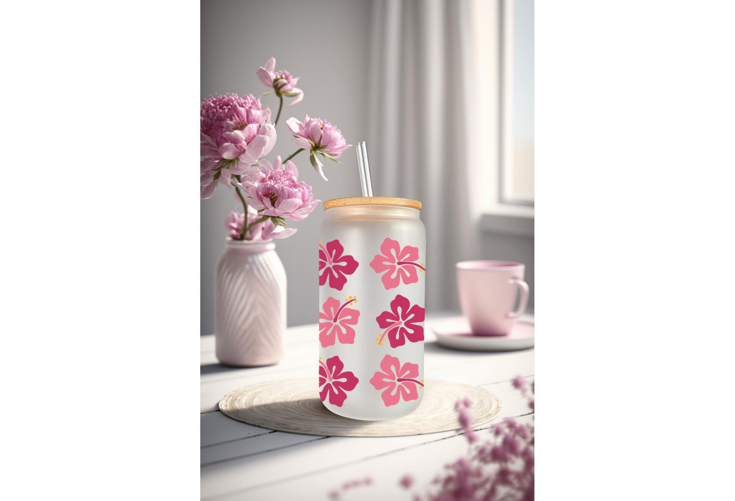 UVDTF Wrap Hibiscus Tropical Flower 16oz Can Glass Mug Tumbler, Tropical wrap, Ready to apply, Permanent Adhesive Waterproof