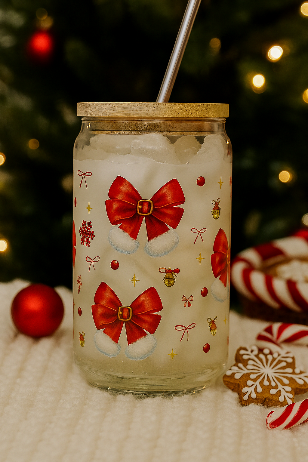 UV DTF wrap for 16oz glass can featuring Christmas bow, peel-and-stick application.