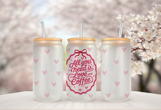 UV DTF wrap for 16oz glass can featuring coffee love design, peel-and-stick application.