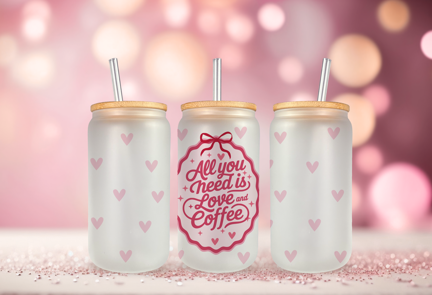 UV DTF wrap for 16oz glass can featuring coffee love design, peel-and-stick application.