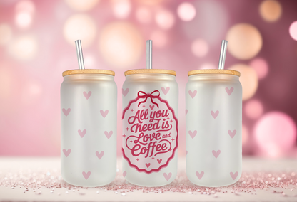 UV DTF wrap for 16oz glass can featuring coffee love design, peel-and-stick application.