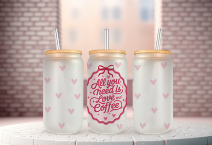 UV DTF wrap for 16oz glass can featuring coffee love design, peel-and-stick application.