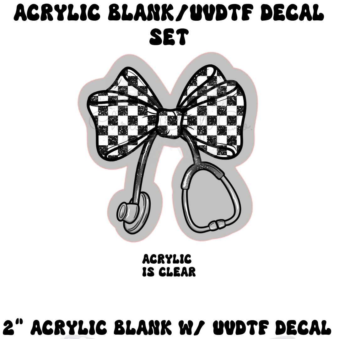 Checkered bow tie decal on a white background with text about acrylic blank and UVDTF decal set.