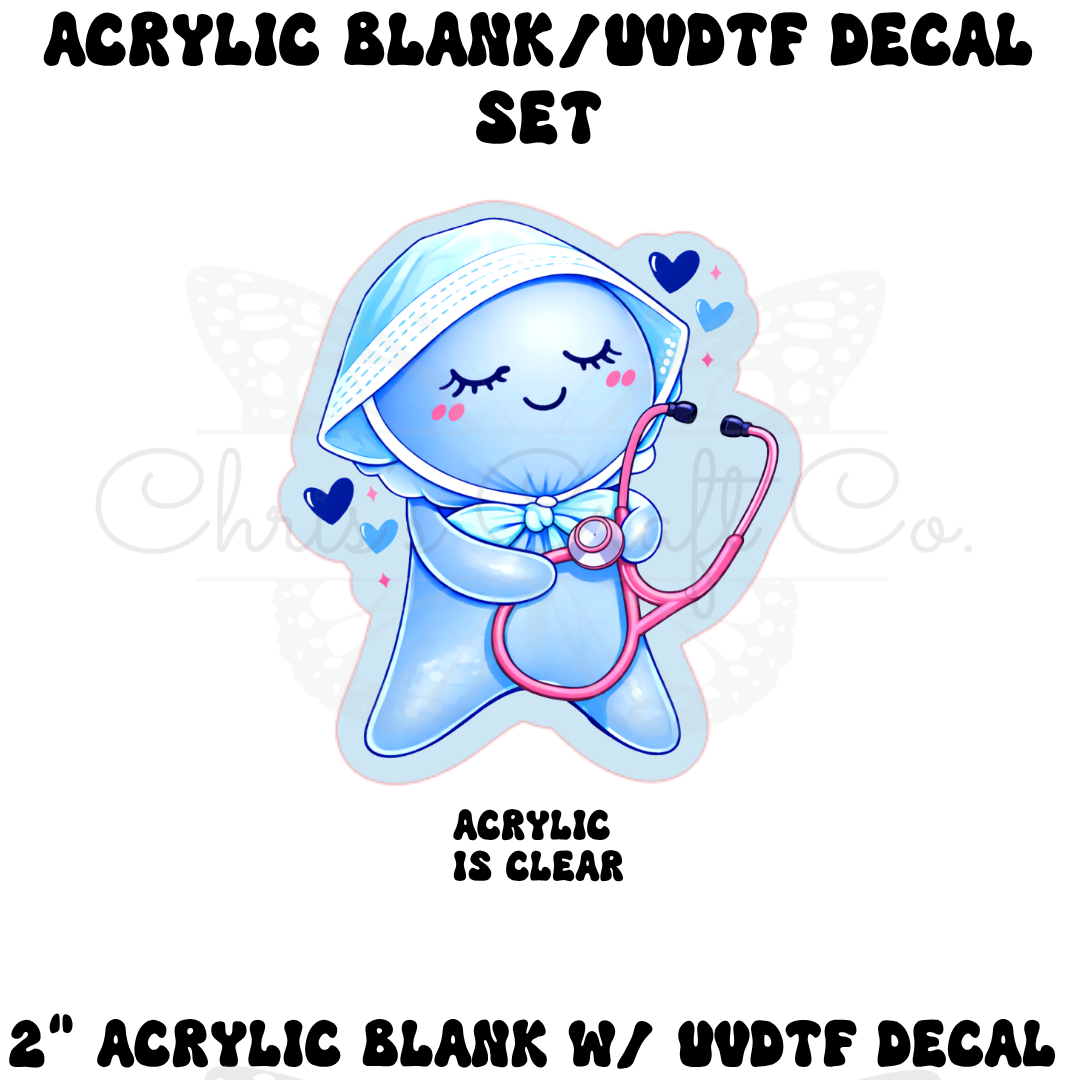 2 inch clear acrylic charm featuring a blue medical glove character wearing a pink stethoscope with blue heart accents.