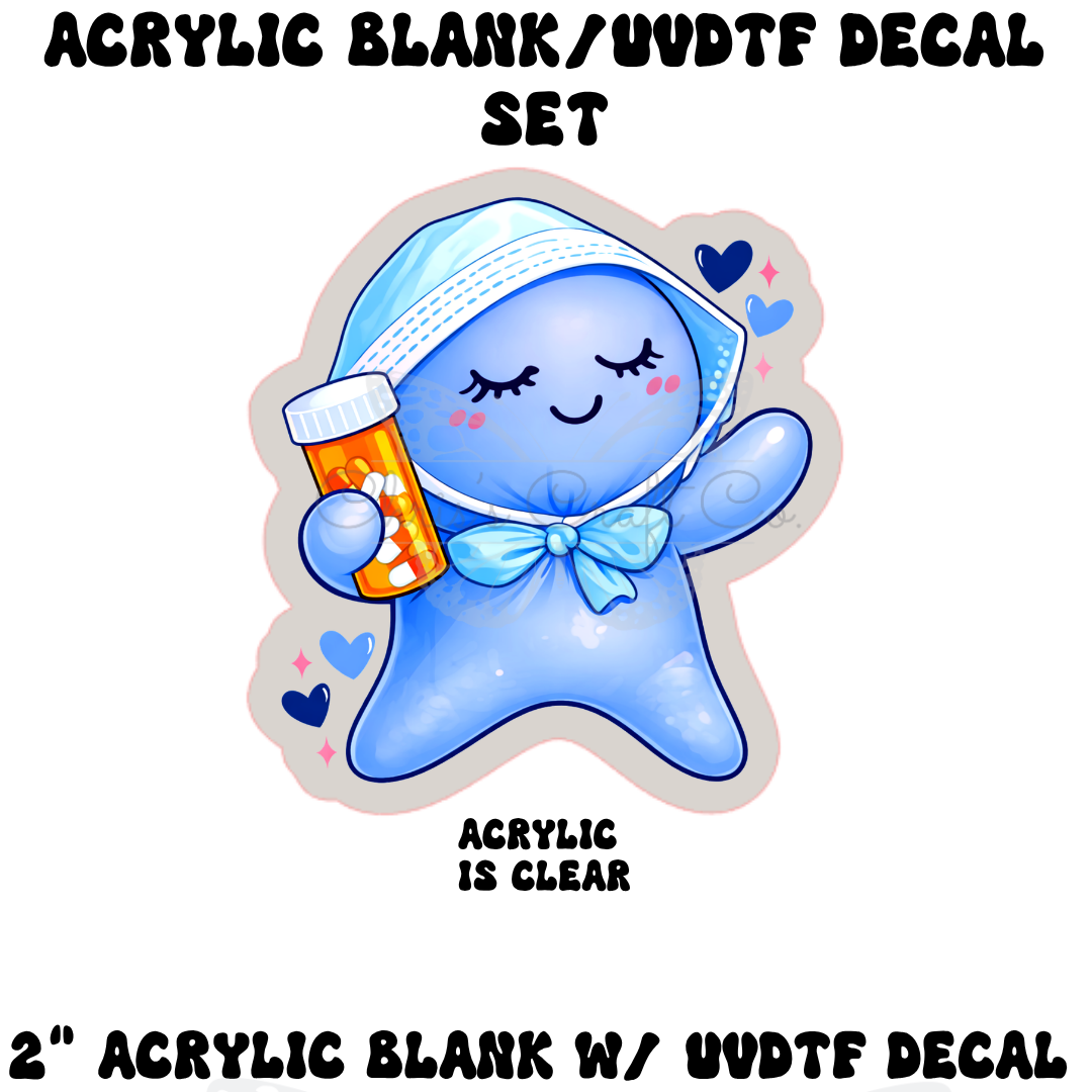 Clear acrylic charm with a blue medical glove character wearing a scrub cap and holding a pill bottle with blue heart accents.