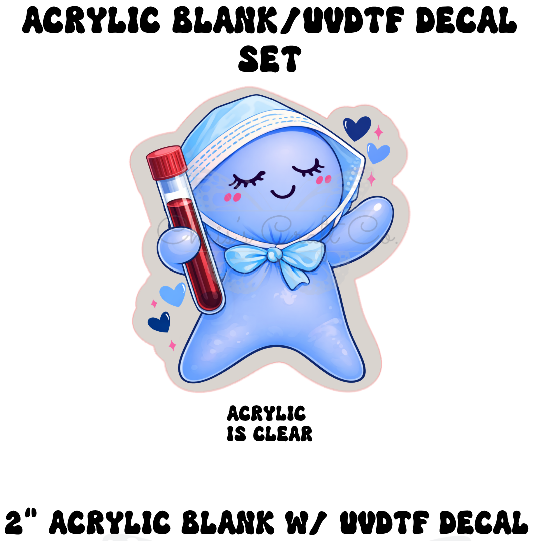 Acrylic blank with UVDTF decal featuring a blue character holding a test tube on a white background.