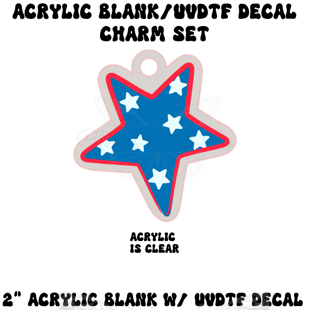 1.2 inch clear acrylic star charm with red and white stripes and blue floral star pattern.