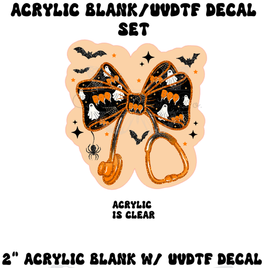 Halloween-themed bow with ghosts, bats, and pumpkins and a stethoscope silhouette, spooky DIY acrylic blank and UVDTF decal set for medical badge reels.