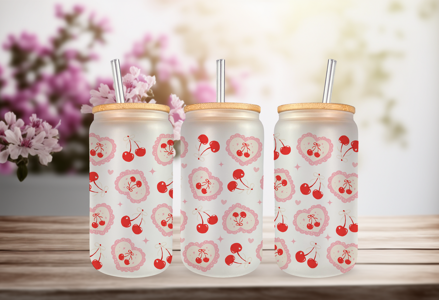 UV DTF wrap for 16oz glass can featuring cherry heart design, peel-and-stick application.