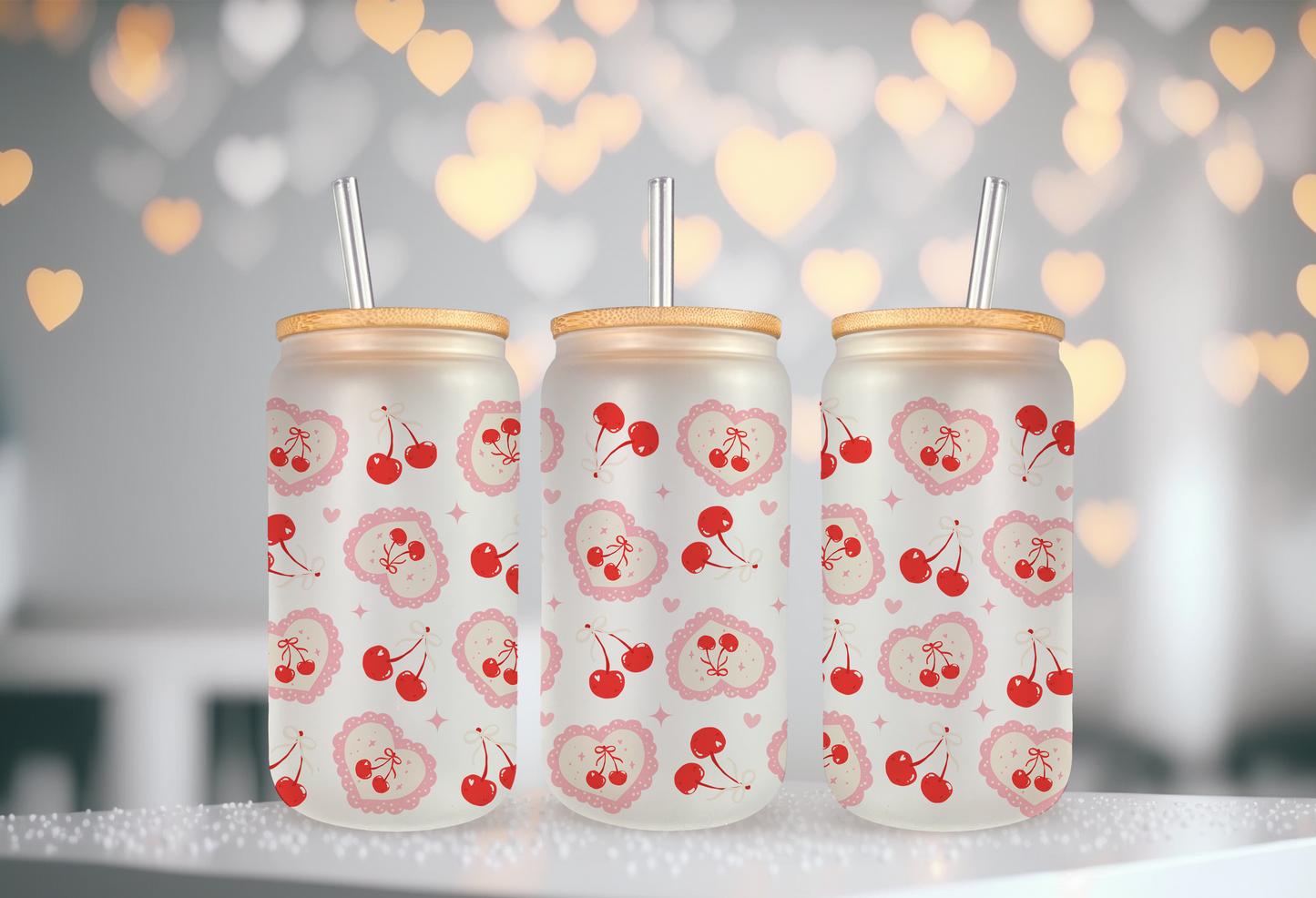 UV DTF wrap for 16oz glass can featuring cherry heart design, peel-and-stick application.
