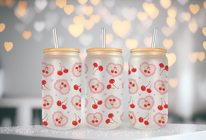 UV DTF wrap for 16oz glass can featuring cherry heart design, peel-and-stick application.