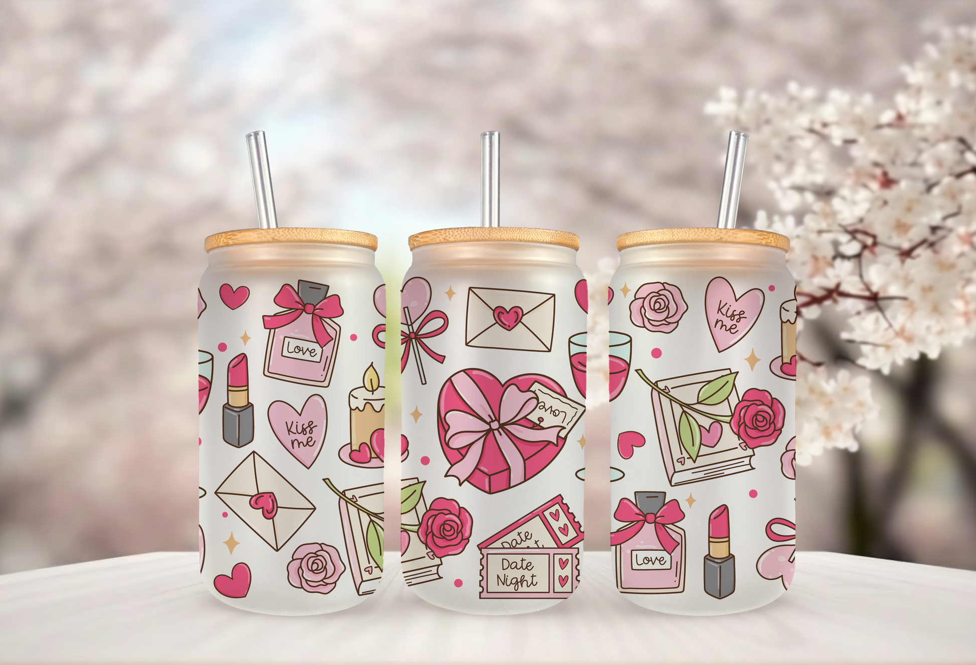 UV DTF wrap for 16oz glass can featuring date night design, peel-and-stick application.
