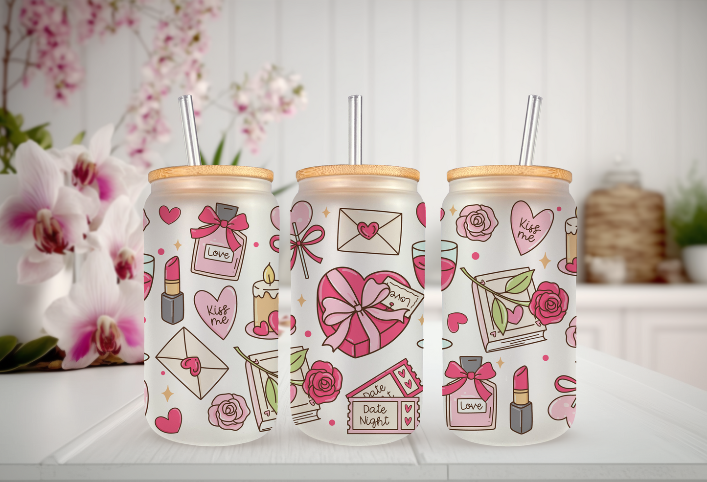 UV DTF wrap for 16oz glass can featuring date night design, peel-and-stick application.