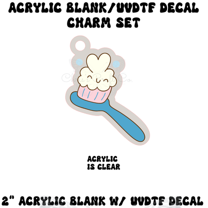mock up of a 1.2-inch clear acrylic toothbrush-shaped mini blank with a permanent UVDTF decal featuring a smiling cartoon blue toothbrush