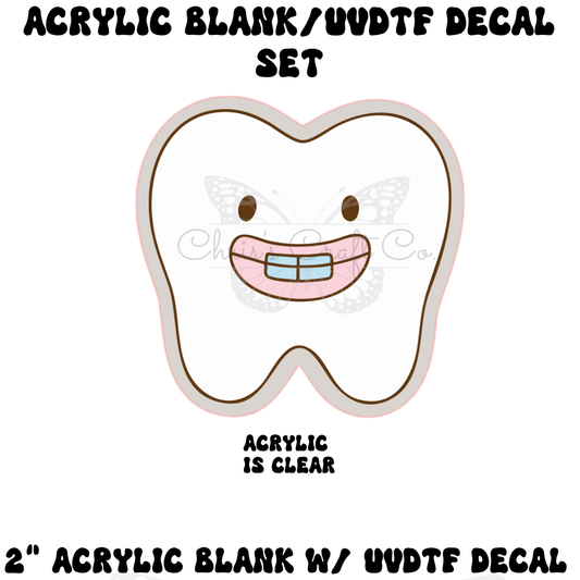  mockup of a 2-inch clear acrylic tooth-shaped blank with a permanent UVDTF decal featuring a smiling cartoon tooth wearing a pink coquette bow.

