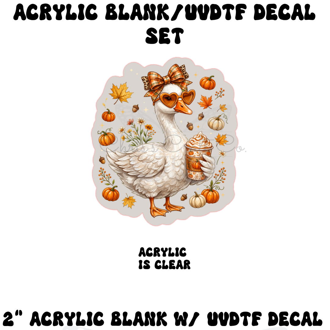 DIY craft set featuring a clear acrylic blank and a matching UVDTF transfer of a white fall porch goose holding a pumpkin spice latte with autumn leaves.