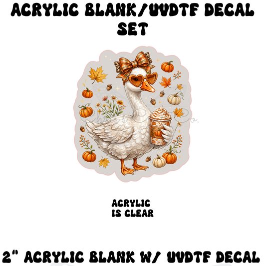 DIY craft set featuring a clear acrylic blank and a matching UVDTF transfer of a white fall porch goose holding a pumpkin spice latte with autumn leaves.