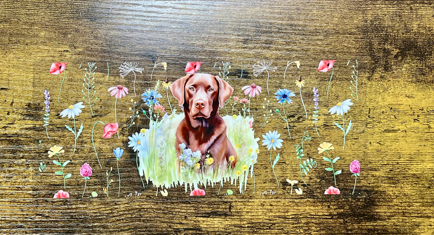UVDTF Wrap Chocolate Lab Floral 16oz Can Glass Mug Tumbler, Dog Wrap, Ready to apply, Permanent Waterproof Adhesive