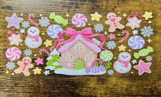 Gingerbread House UV DTF Cup Wrap | Christmas Candy, Peppermint, Snowflakes | Holiday Waterproof Sticker