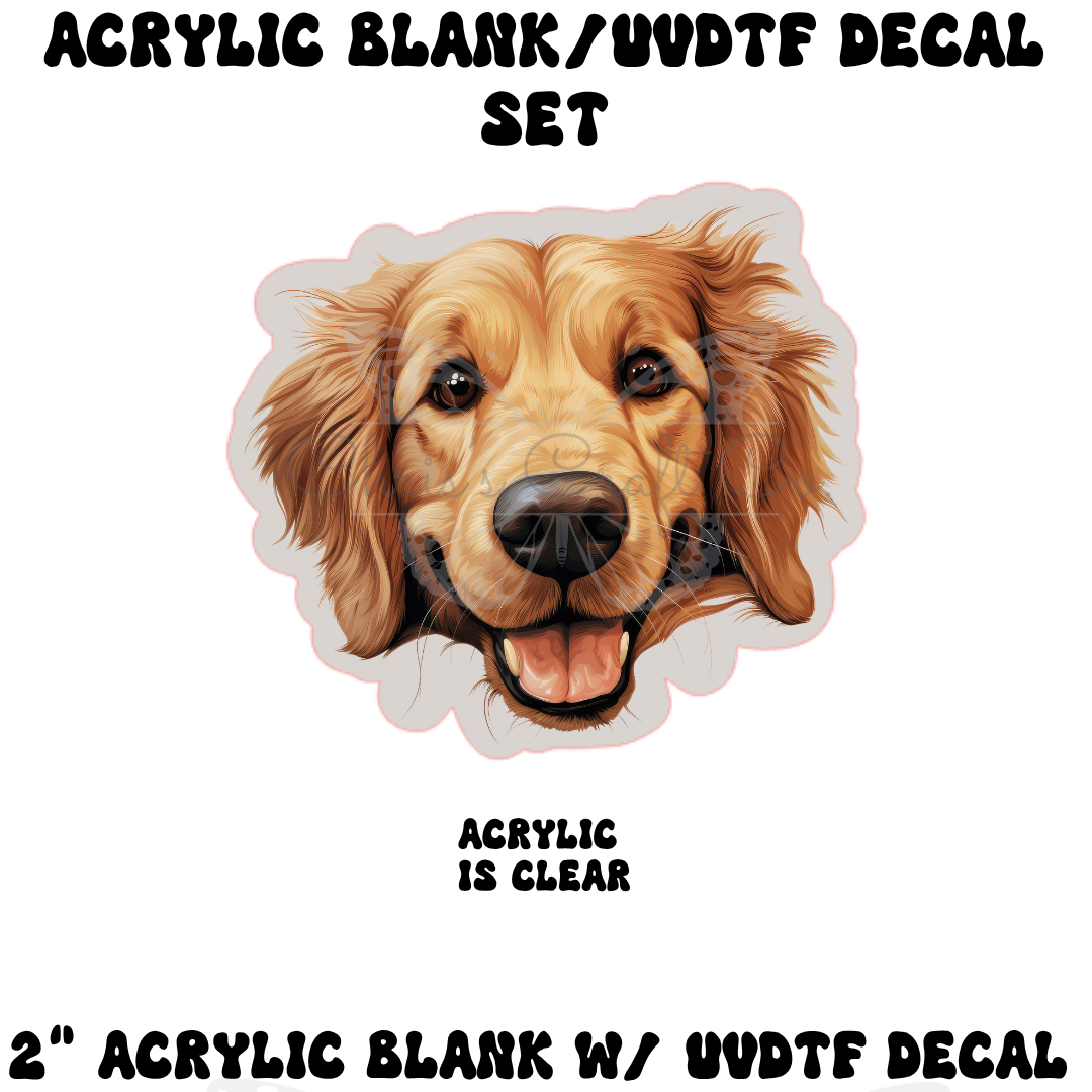 Clear acrylic golden retriever-shaped blank with a permanent high-gloss UVDTF decal featuring a smiling cartoon golden retriever dog.

