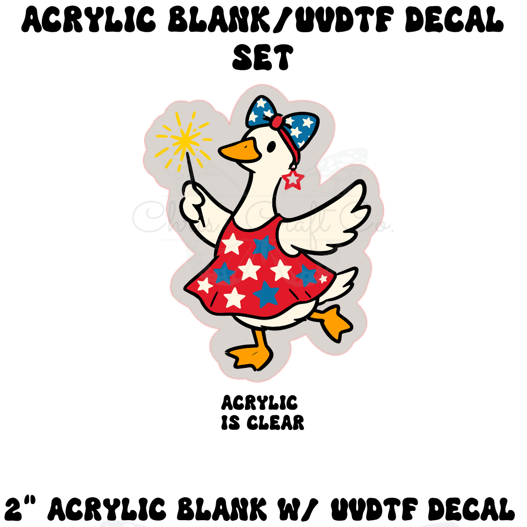 2 inch clear acrylic blank with a UVDTF decal of a white goose in a star skirt with a patriotic coquette bow.