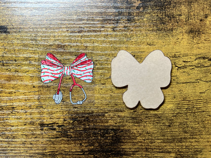 Mockup of a stethoscope bow UVDTF transfer and a coordinating white acrylic blank for custom medical badge reels.

Option 3: Benefit-