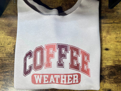 Distressed retro Coffee Weather DTF transfer in warm beige and brown tones, ready-to-press heat transfer for coffee-themed apparel.