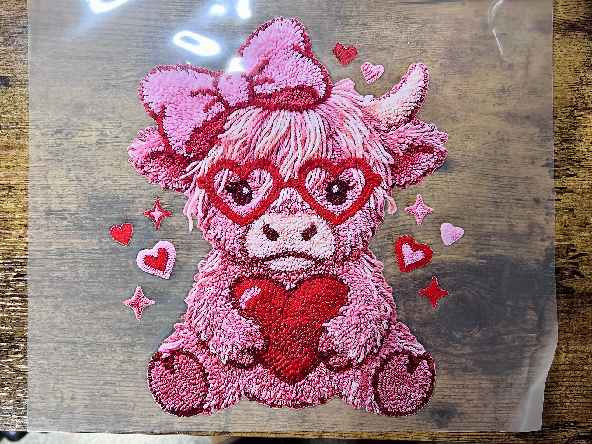 Pink and white faux yarn texture Highland Cow DTF transfer with hearts for Valentine's Day shirts