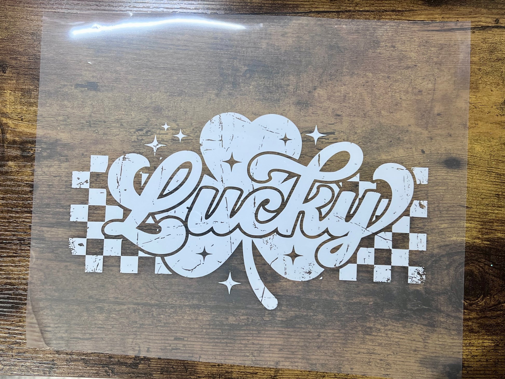  Distressed Lucky St. Patrick's Day DTF transfer with checkered shamrock