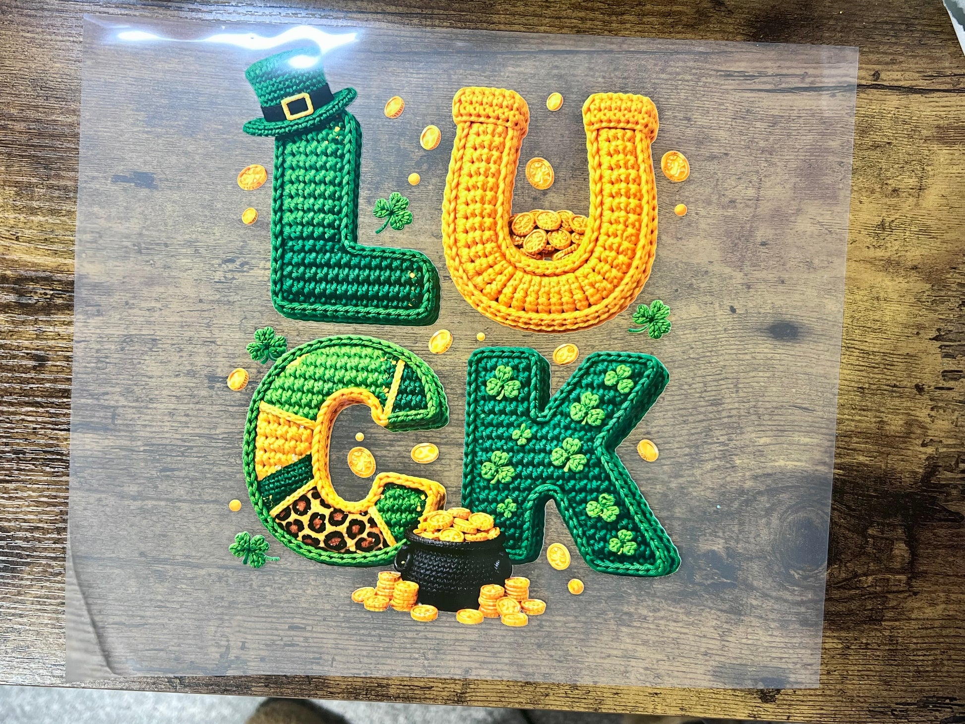 Lucky St. Patrick's Day DTF transfer with faux yarn texture shamrock for ready to press shirt designs.