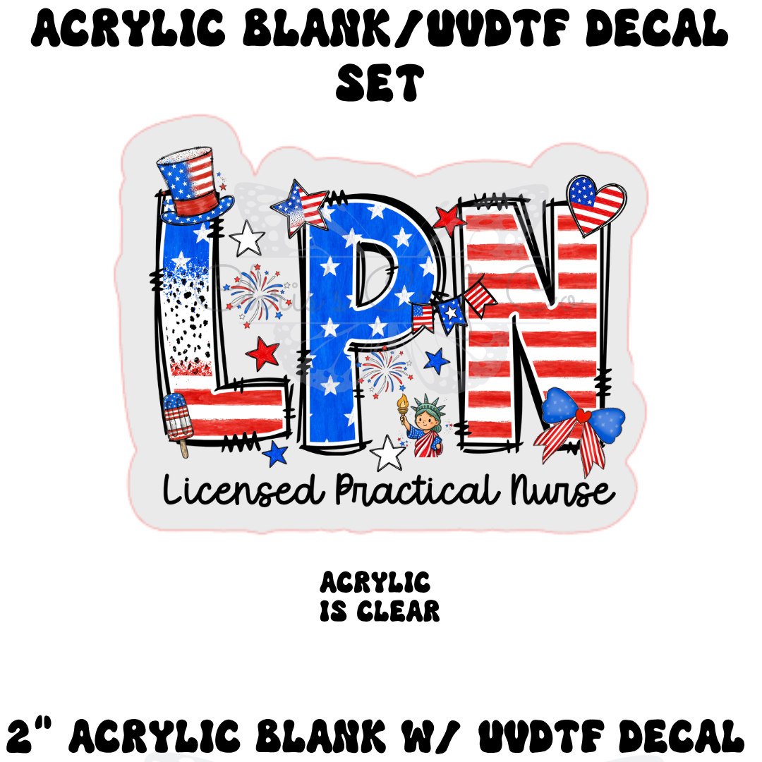 Clear acrylic charm with a red, white, and blue LPN design featuring stars, stripes, fireworks, and the Statue of Liberty.