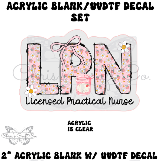 Acrylic blank with 'LPN' decal set on a white background