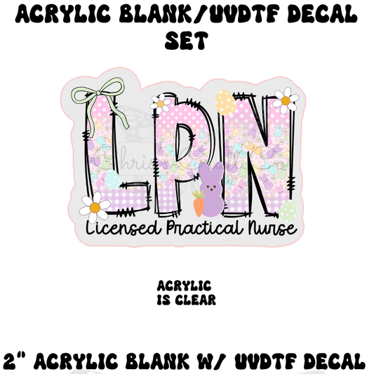2-inch clear acrylic blank and UVDTF decal set for LPN badge reels, featuring "LPN" text filled with colorful Easter eggs, a purple bunny, and spring flowers on a white background.
