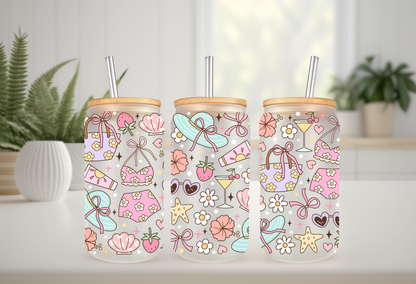 UVDTF Wrap Girly Floral Beach 16oz Can Glass Mug Tumbler, Ready to apply, Permanent Waterproof Adhesive, Add on a Cup (Copy)